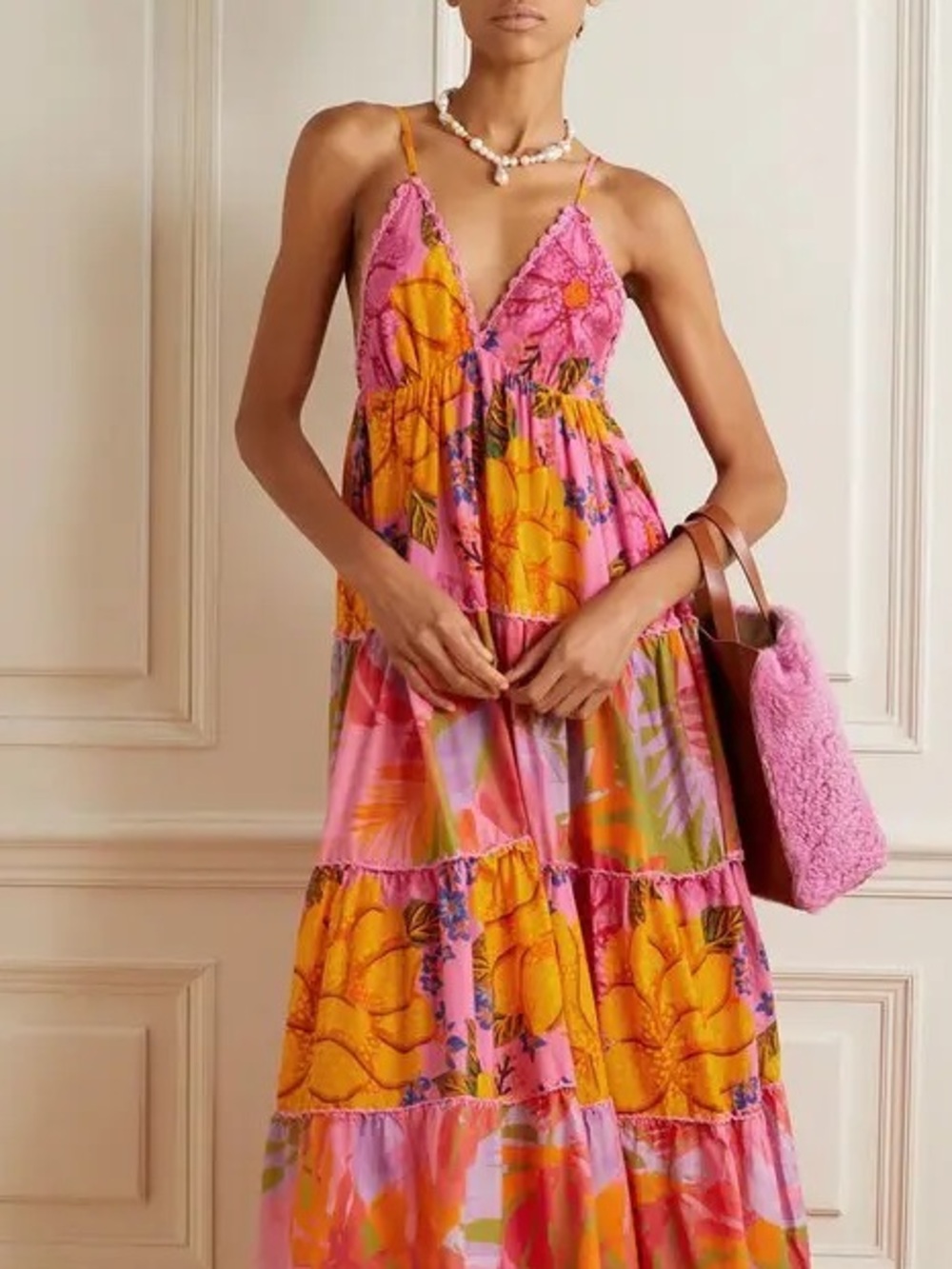 Farm Rio Colorfuk Crochet-trimmed Tiered Floral-print Cotton-voile Maxi